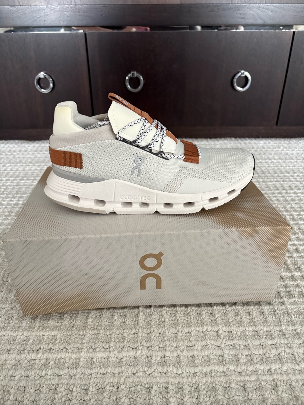 On Running - Women's Cloudnova Sneakers in White and Pearl with Brown Accents